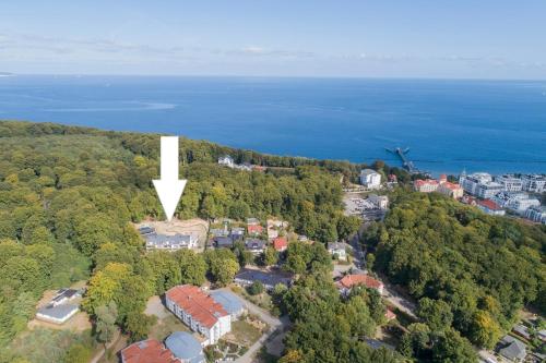 an aerial view of a house in a forest at Haus Waldidyll, Vergissmeinnicht - Bade- & Saunawelt täglich inklusive in Ostseebad Sellin