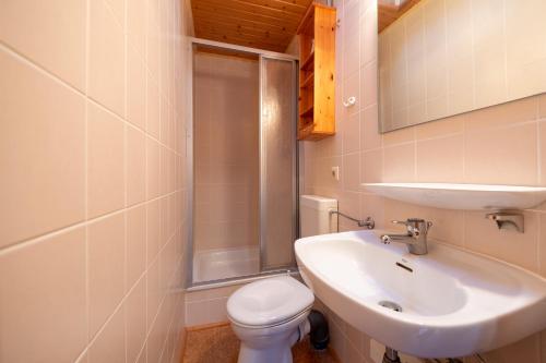 a bathroom with a sink and a toilet and a shower at Ferienhaus am Strand 92 - Bade- & Saunawelt täglich inklusive in Baabe