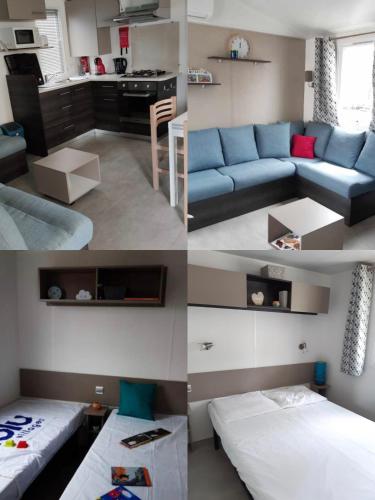 a collage of four pictures of a living room at Olivier 64 in Valras-Plage