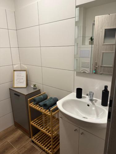 a bathroom with a sink and a mirror at Apartmán ALEX Choceň in Choceň