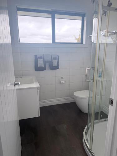 a bathroom with a toilet and a sink and a window at Guesthouse B in Twizel