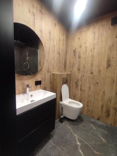 a bathroom with a sink and a toilet at RED Тематичні Апартаменти in Zhytomyr