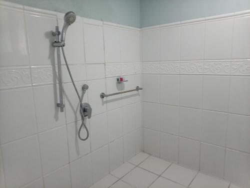 a white bathroom with a shower with a hose at Freedom Shores "La Gringa" Hotel - Universally Designed in Isla Aguada