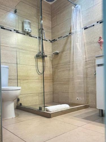 a bathroom with a shower with a glass door at Palm Oasis Bonaire in Kralendijk