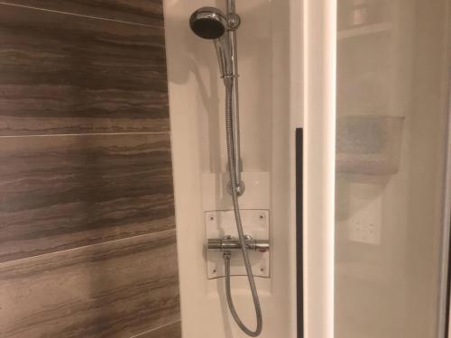 eine Duschabtrennung mit Duschkopf im Badezimmer in der Unterkunft Annalake in Grange Over Sands