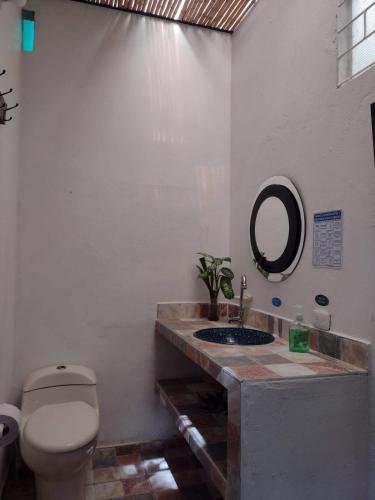 a bathroom with a toilet and a sink with a mirror at TierraViva in Tobia