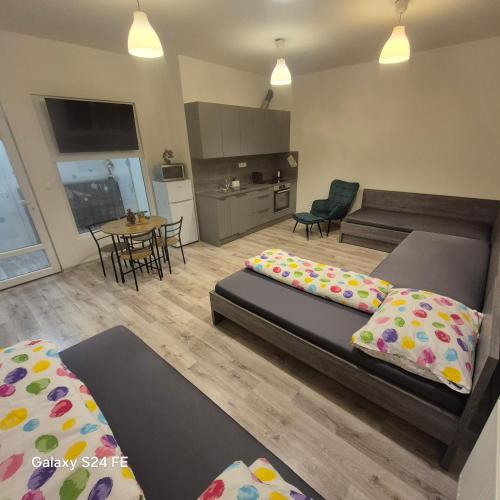 a living room with two beds and a kitchen at Apartmán Nová Baňa in Nová Baňa