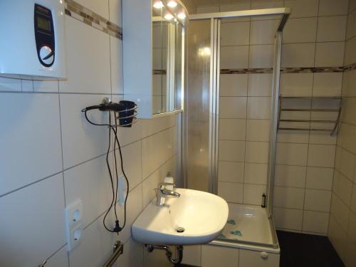 a bathroom with a sink and a shower and a mirror at Haus am Burgberg in Frankenberg