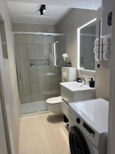 a bathroom with a shower and a toilet and a sink at Villa Sofija in Supetar
