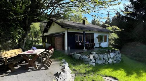 a small house with a picnic table in front of it at Ferienhaus Bruno - Südhanglage mit 2 Schlafzimmern in Feldberg