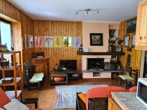 a living room with wood paneling and a fireplace at Ca' Delle Nevi in SantʼAntonio