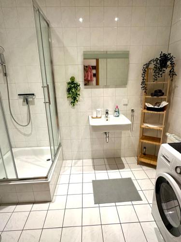 a bathroom with a shower and a sink and a washing machine at Bright temporary apartment in Schkeuditz in Schkeuditz