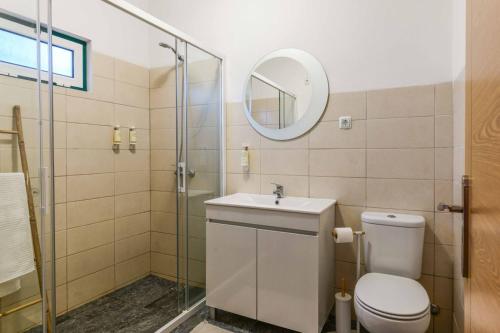 a bathroom with a toilet and a sink and a shower at Marvão Quinta da Bela Vista in Marvão