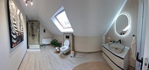 a bathroom with a toilet and a sink and a window at Porumbacu Retreat-Cabana Forest A-frame și Chalet Max cu jacuzzi și piscină sezonieră, pe malul râului ,în apropiere de Transfăgărășan, Sibiu in Porumbacu de Sus