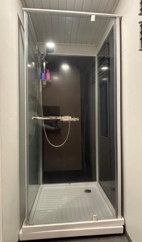 a glass shower door in a room with a room at Villa Ketola in Ranua