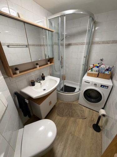 a bathroom with a toilet sink and a shower at S&G Home Stilvolles 2-Zimmer-Apartment in zentraler Lage, Komfort & Entspannung garantiert! in Ditzingen