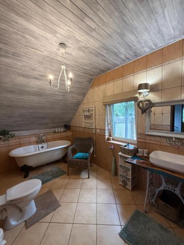 a bathroom with a tub and a toilet and a sink at CHILL Village in Nowinka