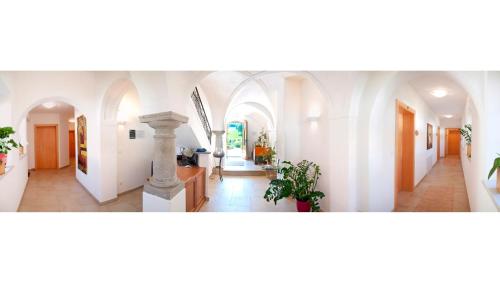 a hallway with white walls and arches and plants at Frühstückspension Herzog zu Laah in Linz