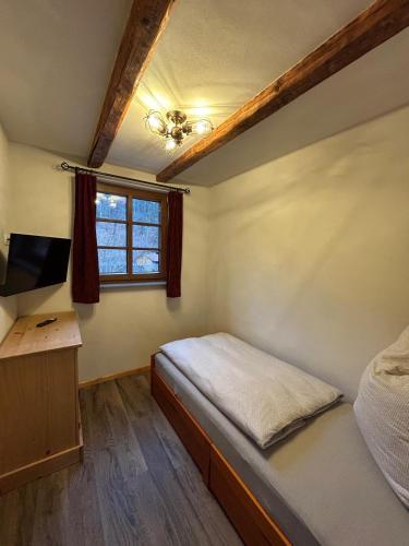 a bedroom with a bed and a tv and a window at Insel 8 in Wernigerode