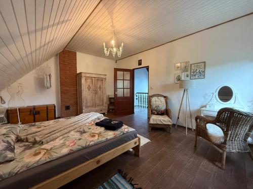 a bedroom with a bed and a chair and a table at CHILL Village in Nowinka