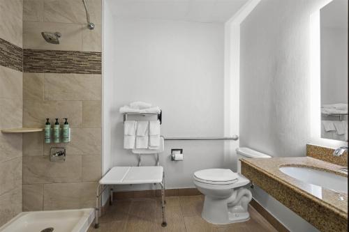 a white bathroom with a toilet and a sink at Best Western Crown Inn & Suites - Batavia in Batavia