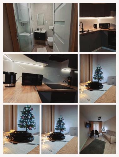 a collage of photos with a christmas tree in a kitchen at Apartament OLIWIA 5 in Nowy Targ