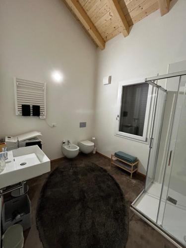 a bathroom with a toilet and a sink and a shower at Emilia94 in Anzola dell'Emilia