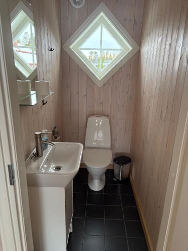 a small bathroom with a toilet and a window at Fjällstuga Vemdalsskalet in Vemdalen