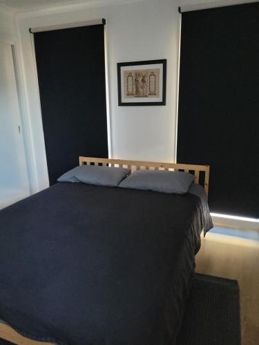 a bedroom with a blue bed with two windows at Easy homestay for solo traveller in Rokeby
