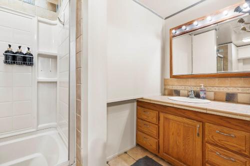 a bathroom with a tub and a sink and a shower at Historic Loft w/ Private Deck, 2 Blocks to Dtwn in Saugatuck