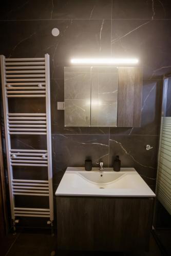 a bathroom with a sink and a mirror at Riverside Escape ,modern residence with courtyard in Florina