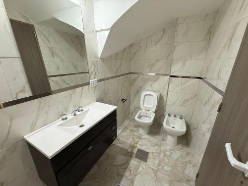 a bathroom with a sink and a toilet at Apart Continente Park in San Clemente del Tuyú
