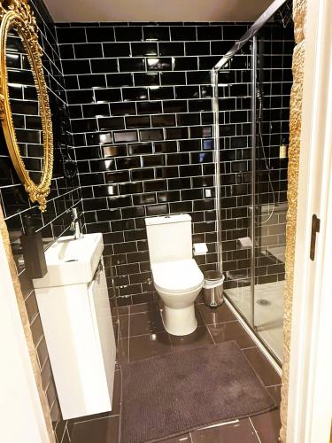 a black tiled bathroom with a toilet and a shower at Art Apartments Leiria Historic House in Leiria