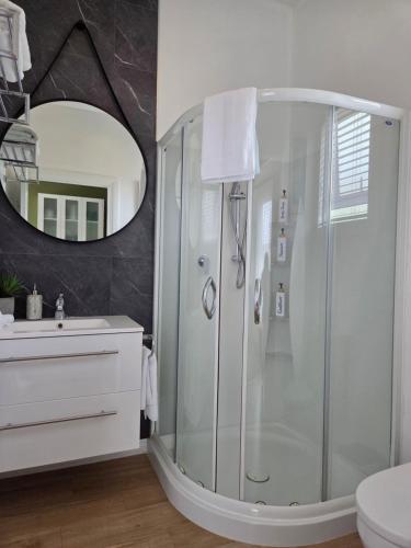 a bathroom with a shower and a mirror at “No.25”Stand alone guest studio unit in Twizel