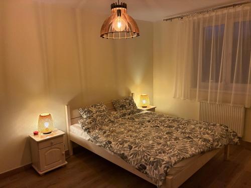 a bedroom with a bed and a chandelier at Chata Smarzewo in Smętowo