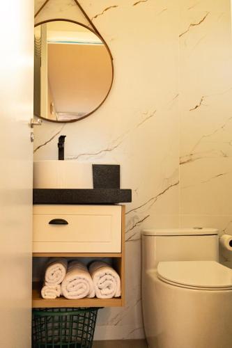 a bathroom with a toilet and a mirror and towels at Eco Green Container- Guarda do Embaú SC in Palhoça