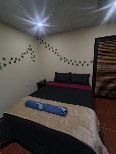 a bedroom with a bed with a blue pillow on it at Cabañas el guadual in La Vega