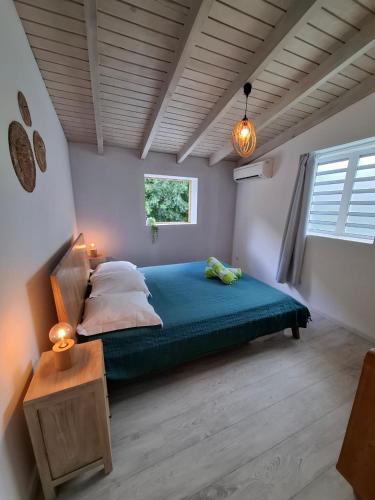 a bedroom with a green bed and a window at Grand Case Beach Steps in Grand Case