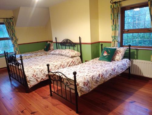 two beds in a bedroom with green and yellow walls at Shamrock House in Fintona