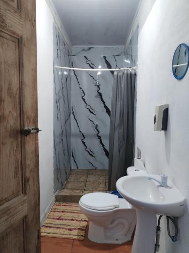 a bathroom with a toilet and a sink and a shower at Mariposa Drake in Drake