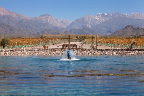 a fountain in the middle of a body of water at Casa de Uco Vineyards and Wine Resort in Los Árboles