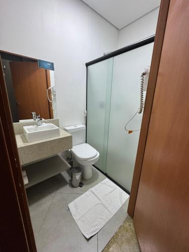 a bathroom with a toilet and a sink and a shower at Florida Limeira Hotel in Limeira