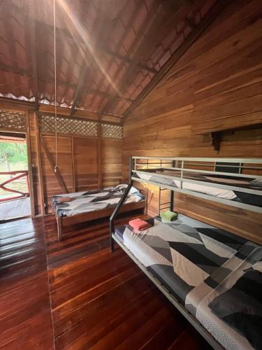 two bunk beds in a room with wooden walls at Cocles House in Talamanca