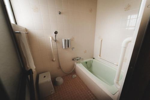 a bathroom with a green bath tub and a toilet at 柿畑の宿 Private stay with farm and house all to yourself in Katsuragi