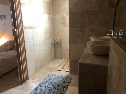 a bathroom with a tub and a sink and a shower at Natur eau Bulle in Ploufragan