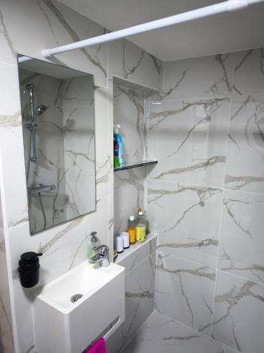 a white bathroom with a sink and a mirror at Modern lux studio B in Beringen