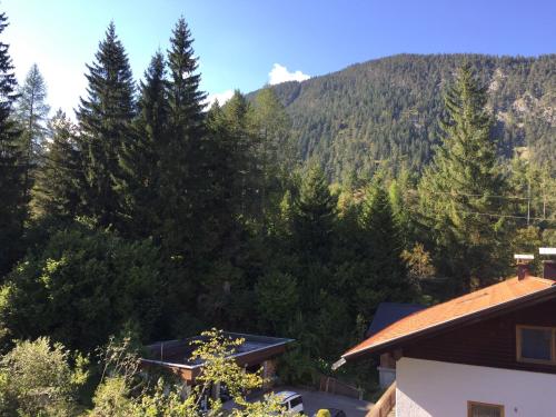 a view of a mountain from a house at Brabander Alm in Biberwier