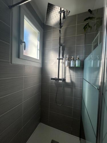 a bathroom with a shower with a glass door at Appartement spacieux in Jurançon
