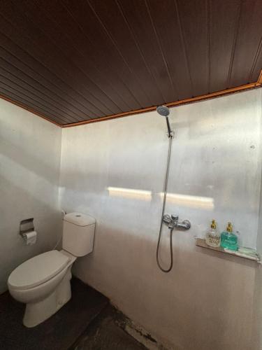 a bathroom with a toilet and a shower at Surya Camp Buahan in Kubupenlokan
