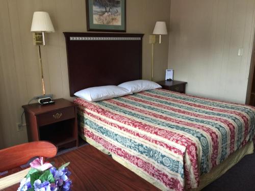 Habitación de hotel con 1 cama y 2 mesitas de noche en Inn Town Motel, en Waupun